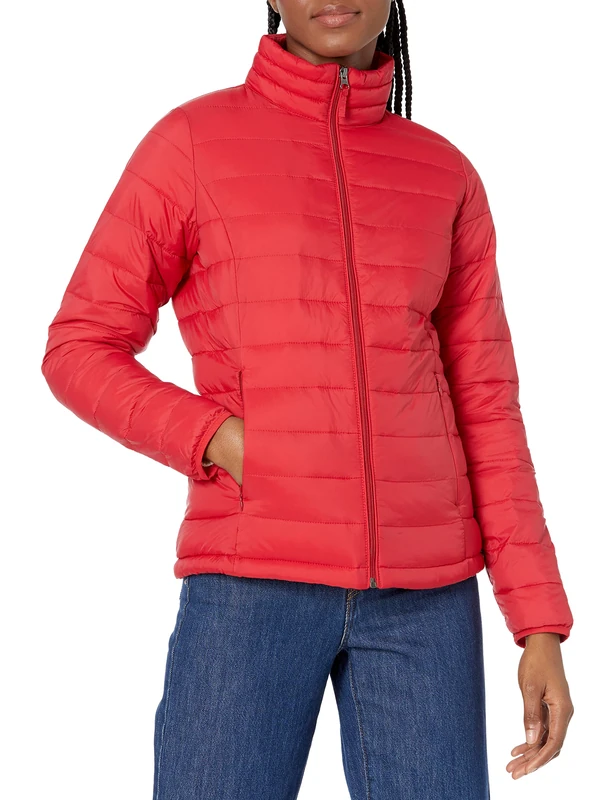 Amazon Essentials Women's Lightweight long-sleeved, water-resistant, packable puffer jacket (available in plus size), Bright Poppy Red, S