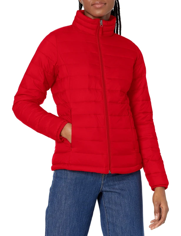 Amazon Essentials Women's Lightweight long-sleeved, water-resistant, packable puffer jacket (available in plus size), Bright Poppy Red, M