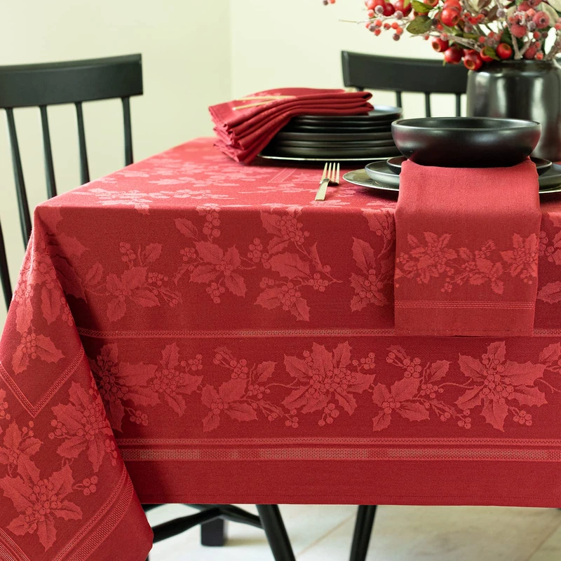 Benson Mills Holiday Elegance Heavyweight Engineered Jacquard Fabric Table Cloth, Holiday, Winter and Christmas Tablecloth (Dark Red, 60" X 104" Rectangular)