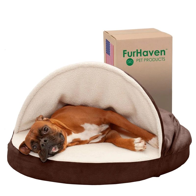 FurHaven 35" Round Memory Foam Dog Bed for Large/Medium Dogs w/Removable Washable Cover, For Dogs Up to 50 lbs - Sherpa & Suede Snuggery - Espresso, 35-inch