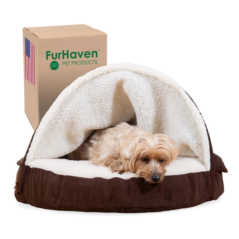 FurHaven 26" Round Memory Foam Dog Bed for Medium/Small Dogs w/Removable Washable Cover, For Dogs Up to 30 lbs - Sherpa & Suede Snuggery - Espresso, 26-inch