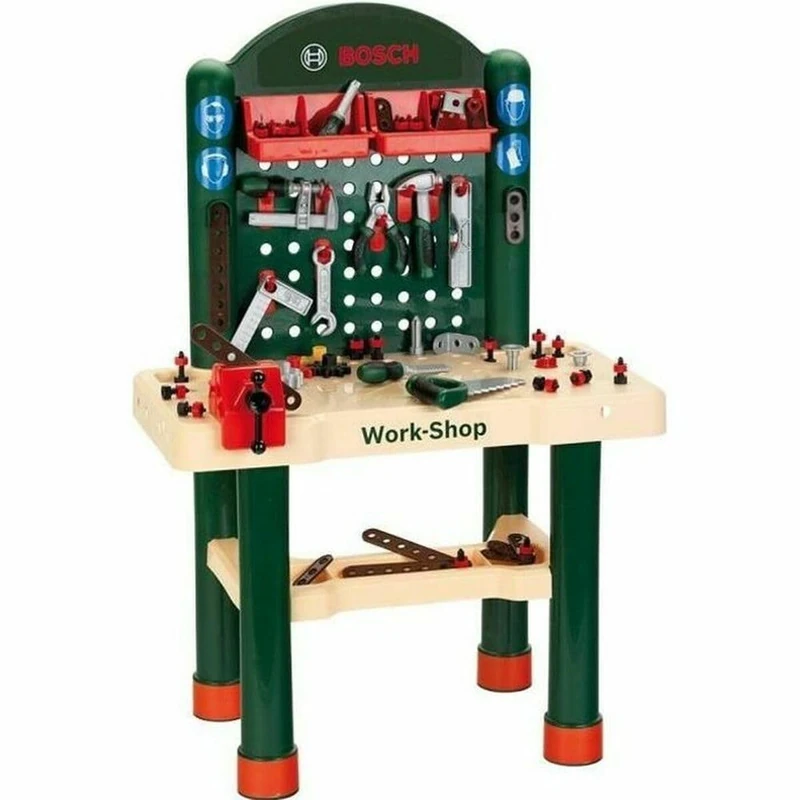 Theo Klein 8461 Bosch 82-Part Workshop I With Wood Effect Work Surface and Learning Function with Hammer-and-Nails Game I With Pliers, File, Hammer and Much More
