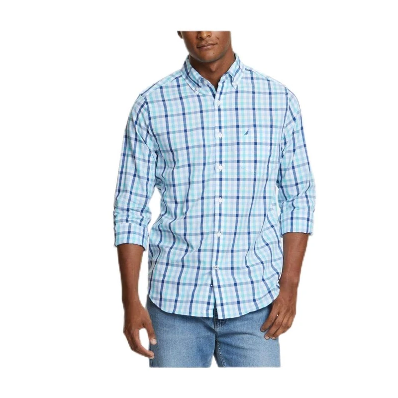 Nautica Men's Wrinkle Resistant Long Sleeve Button Front Shirt, White, Blue, Green, S