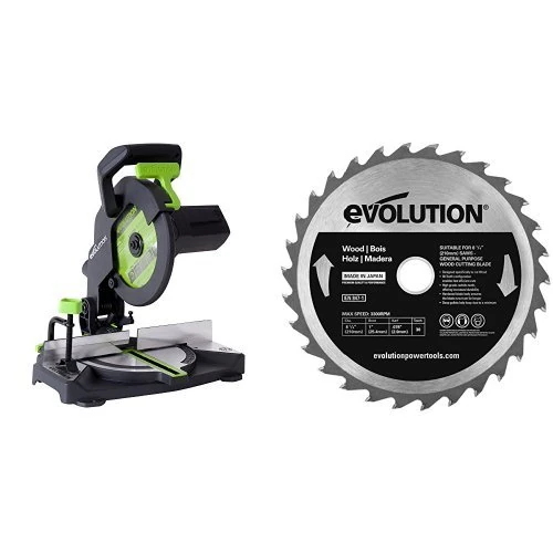 Evolution F210-CMS Multi-Purpose Compound Mitre Saw with Additional Wood Carbide-Tipped Blade, 210 mm (230V)
