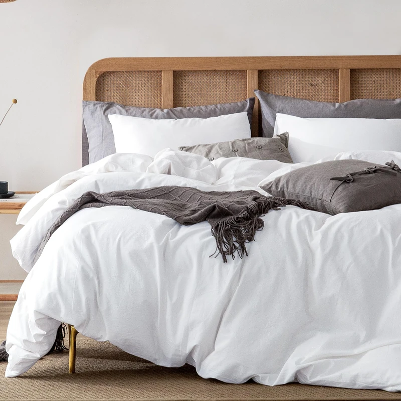 ATsense Duvet Cover Queen Size, 100% Washed Cotton Linen Feel Super Soft Comfortable, 3-Piece White Duvet Cover Bedding Set, Durable and Easy Care, Simple Style Farmhouse Comforter Cover