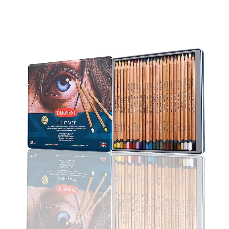Derwent Lightfast Pencils Set Of 24 In Tin, 4mm Round Core, Premium Core Strength, Creamy Texture, Ideal For Fine Art Drawing & Colouring, Professional Quality, 2302720