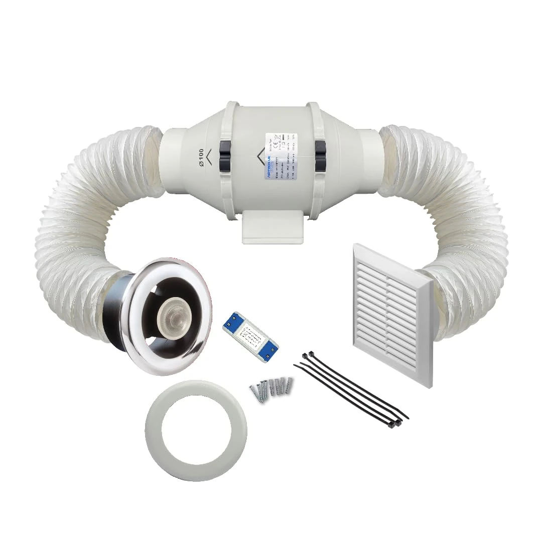 AirTech-UK Bathroom Extractor Fan Kit with LED Light and Adjustable Timer, 2 Speed - 100mm / 4" - Powerful and Whisper Quiet - Flow Max Elite