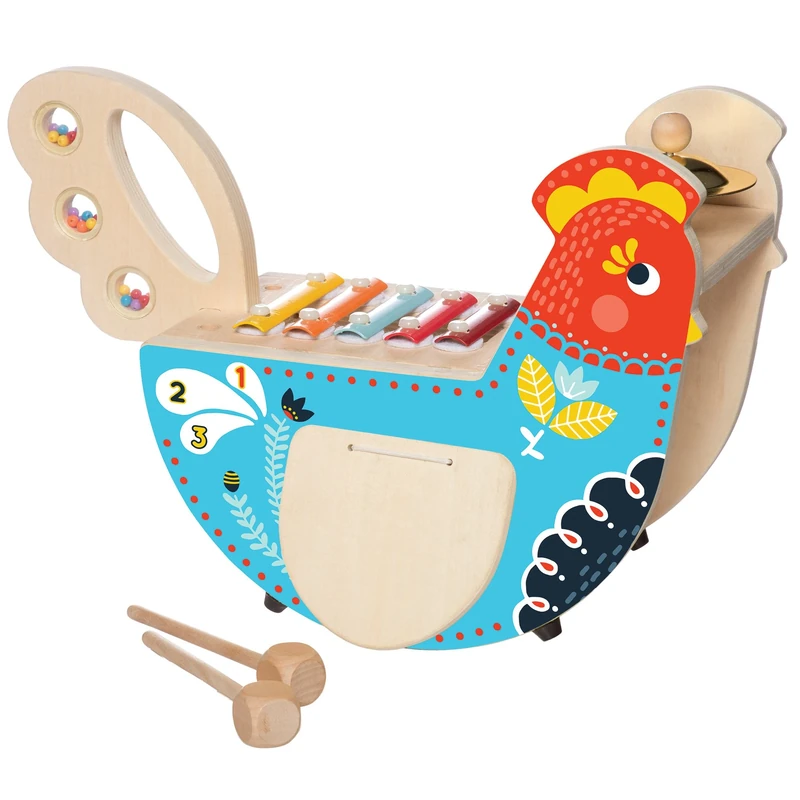 Manhattan Toy Musical Chicken Wooden Instrument for Toddlers with Xylophone, Drumsticks, Cymbal and Maraca, (216570)