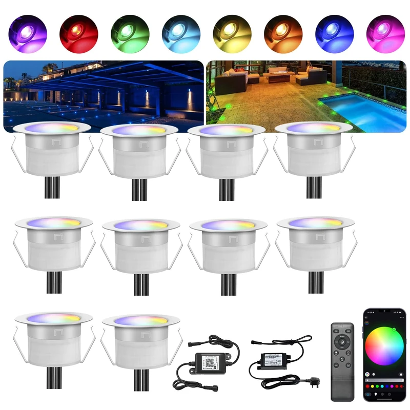 INDARUN RGBW (RGB+Warm White) Led Decking Lights Waterproof IP67 Ø45MM + WiFi Controller - Lighting for Terrace/Patio/Path/Wall/Garden/Decoration, 10 Packs