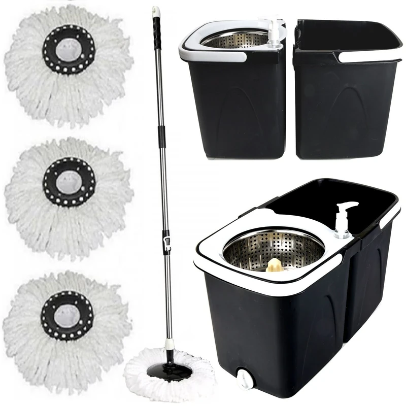 Gr8 Home Black Space Saving 360° Dual Duo Floor Spin Mop Dispenser Bucket Set Spinning Rotating with 3 Cleaning Dry Heads