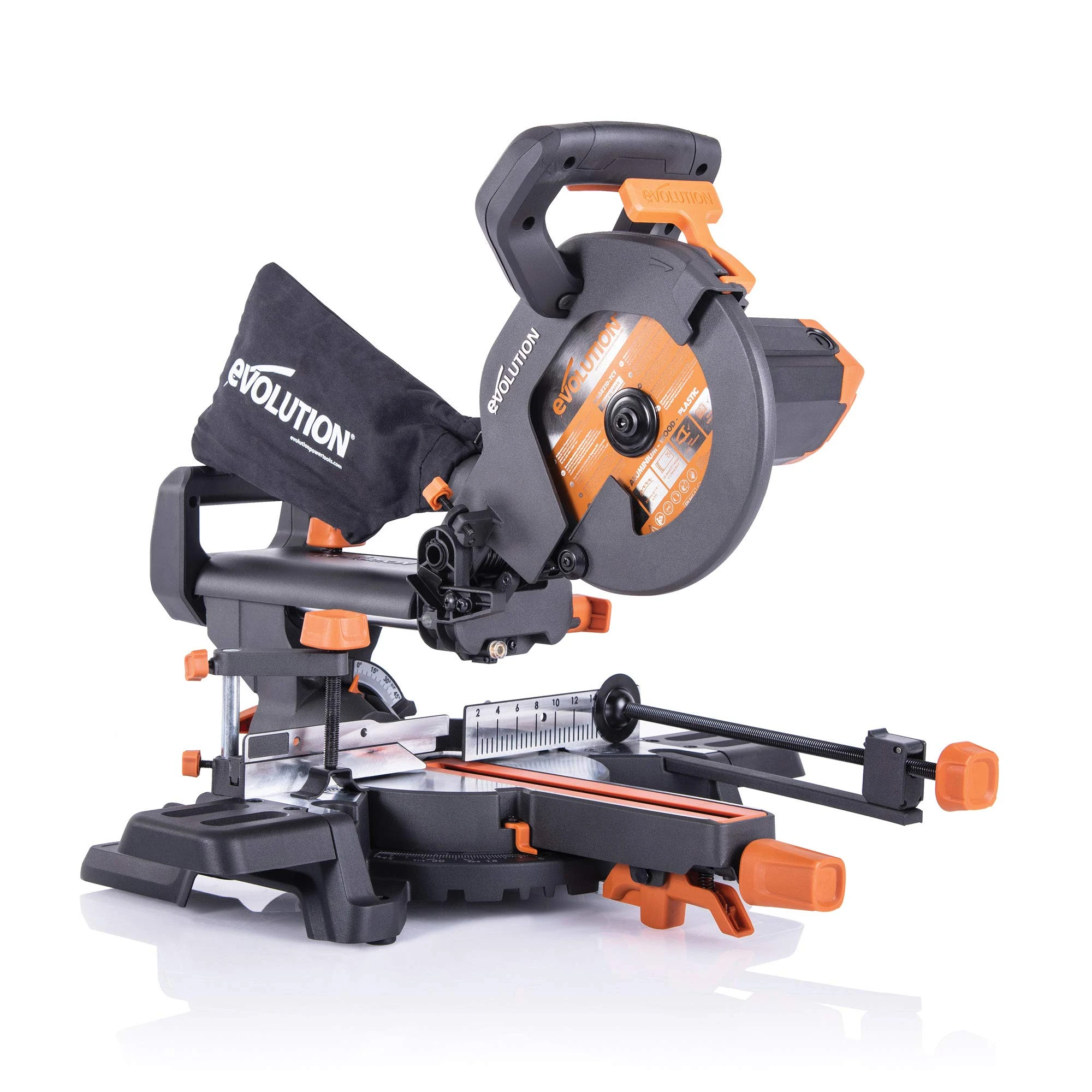 Evolution Power Tools R210SMS+ Sliding Mitre Saw With Multi-Material Cutting, 45° Bevel, 50° Mitre, 230mm Slide, 1500 W, (110 V Industrial Plug)