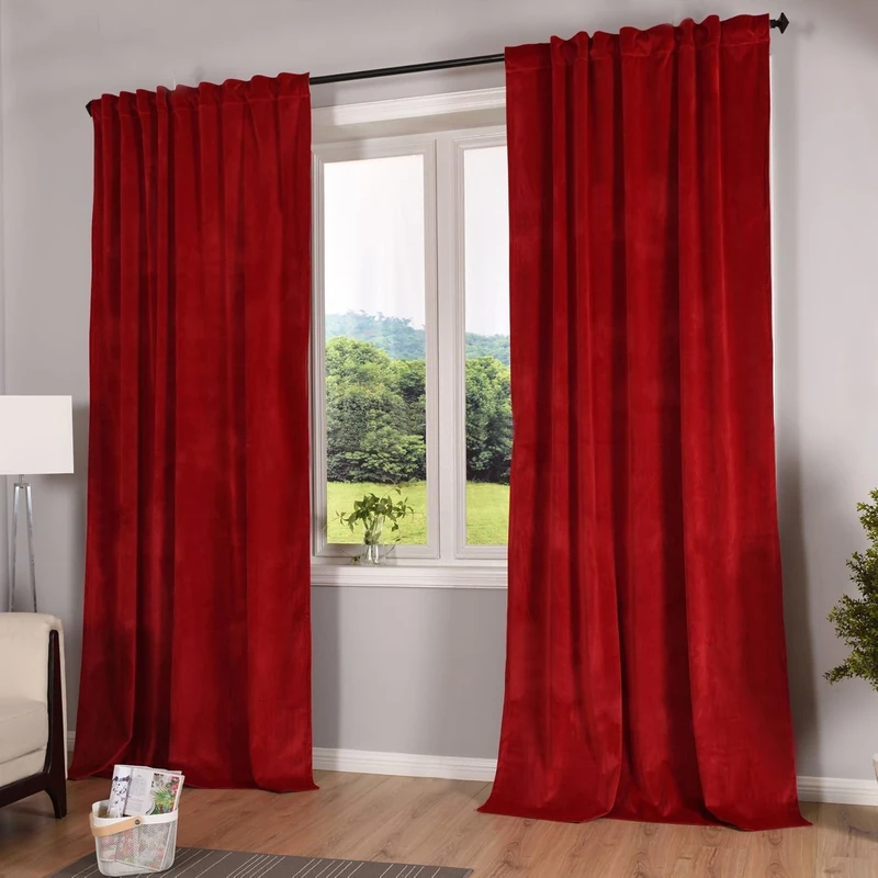 Gardinenbox Milano 20357 Blackout Curtain Velvet Opaque Tab Tape Drawstring Blackout Can Be Shortened Red 2 Pieces H x W 280 x 135 cm - Image 1