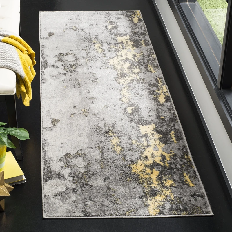 Safavieh Abstract Rug for Living Room, Dining Room, Bedroom - Adirondack Collection, Short Pile, in Grey and Yellow, 80 X 180 cm