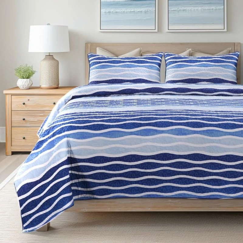 SLPR - Blue Wave Coastal Quilt Set, Nautical Bedding, Queen with 2 Shams