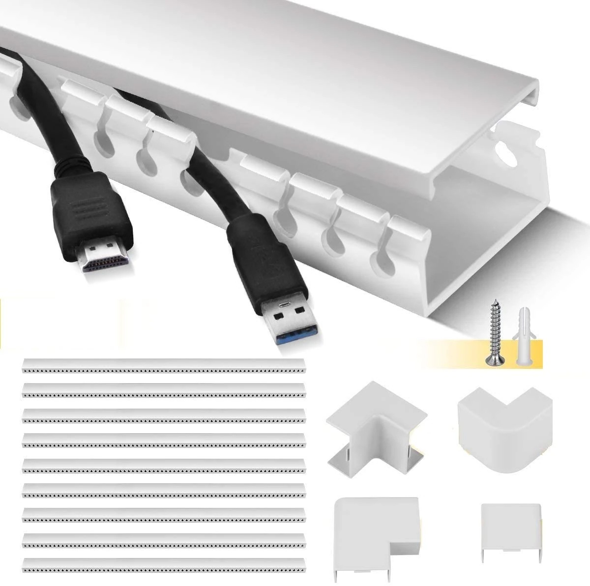 STAGEEK Cable Trunking Kit - 9 Pieces, 3.5 Meter Open Slot Desk Cable Management, Self-Adhesive Cable Tidy, Hide Cords for Computer, Cable Raceway Organiser for Home Office - 9XL39cm W4cm H2cm, White