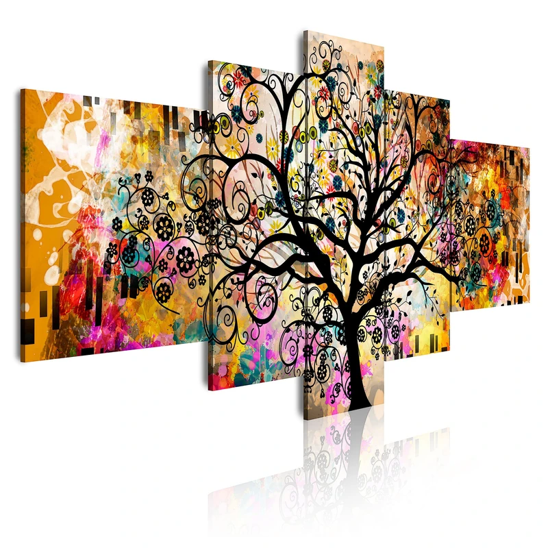 DekoArte 429 - Modern Paintings Digital Art Print | Decorative Canvas For Living Room or Bedroom | Abstract Style Art Tree of Life Gustav Klimt | 5 Pieces 180 x 85 cm