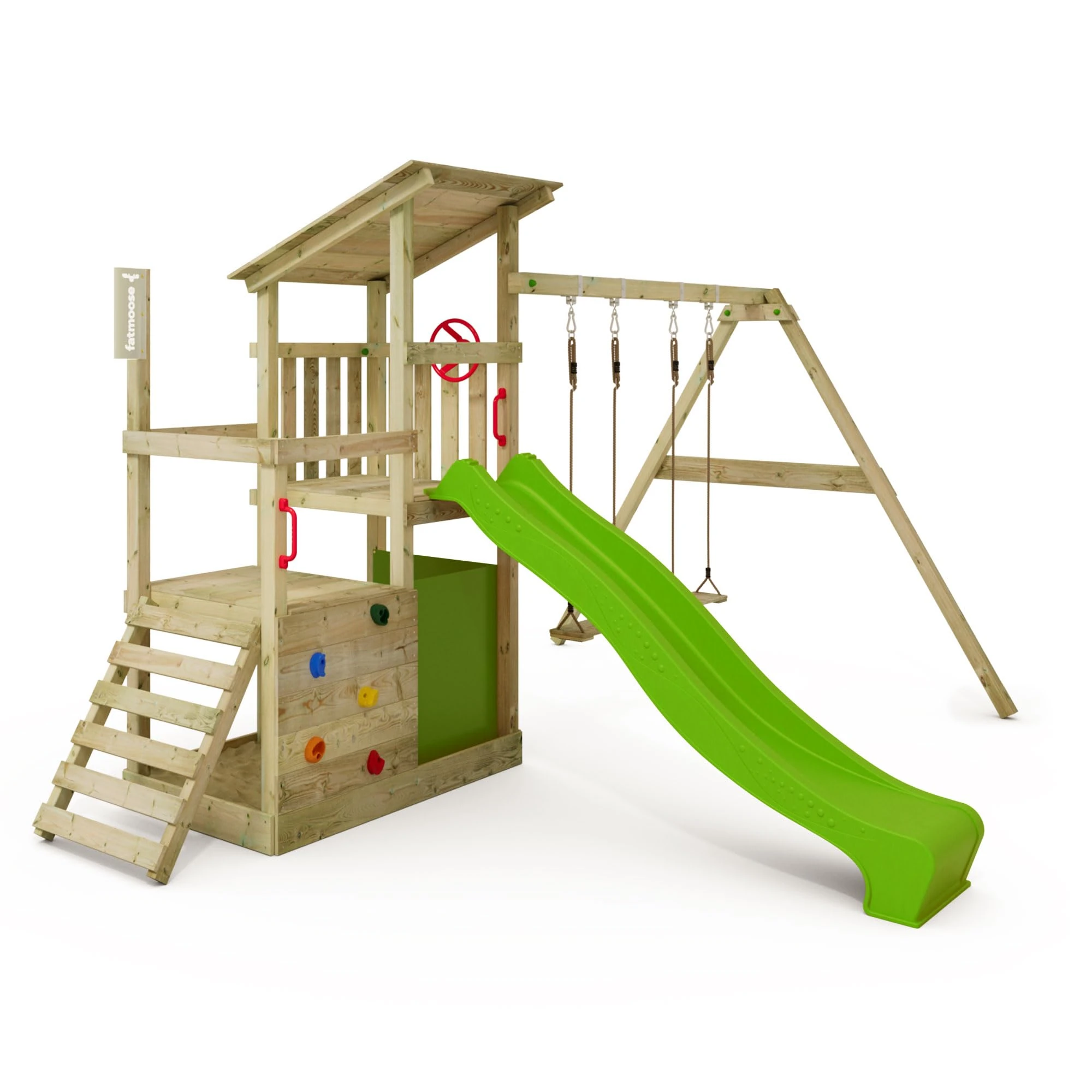 FATMOOSE Wooden Climbing Frame FruityForest Fun XXL with Swing Set & Apple Green Slide, Outdoor Kids Playhouse with Sandpit, Climbing Ladder & Play-Accessories for The Garden