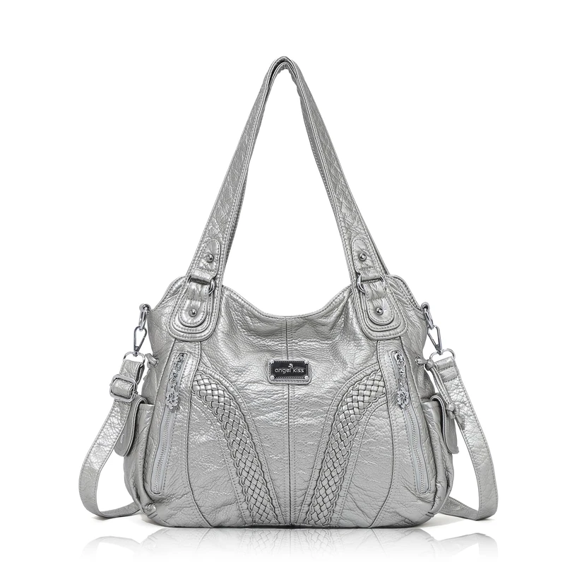 Purses and Handbags Women Fashion Tote Bag Shoulder Bags Top Handle Satchel Purses Washed Synthetic Leather Handbag, 1-silver Grey, 13.8 * 4.7 * 11.8 inches