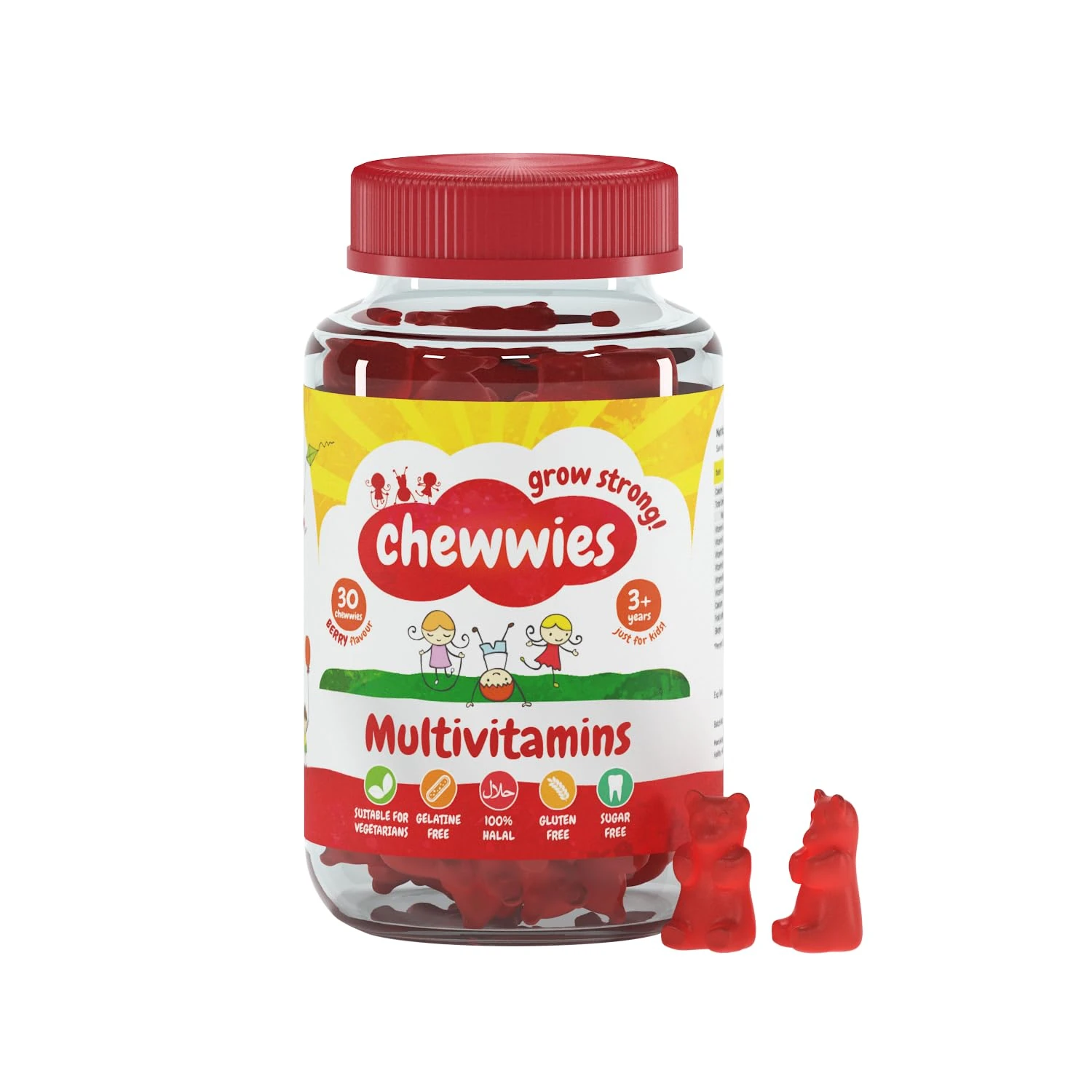 Chewwies Multivitamin Gummies | Sugar-Free Chewable Vitamin Gummies | Vegan & Vegetarian | Soft Raspberry Flavor | Halal & Gluten-Free | Essential Nutrients for Kids & Adults | Daily Health Support