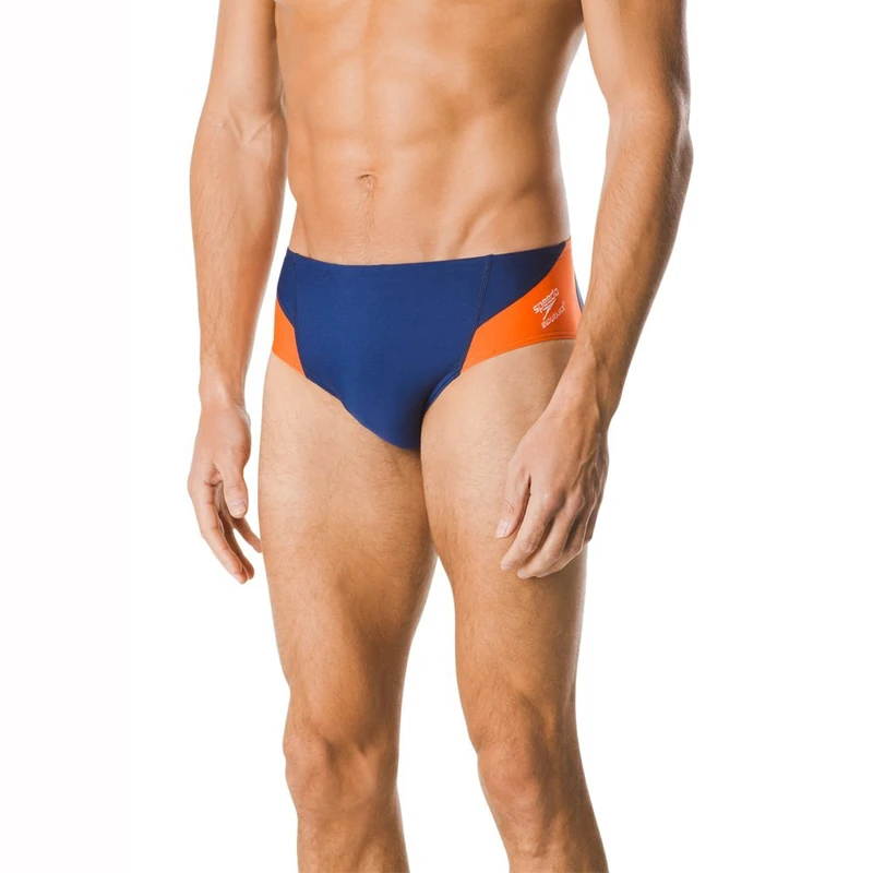 Speedo Men's Swimsuit Brief Endurance+ Splice Team Colors, Navy/Orange Spark, 22