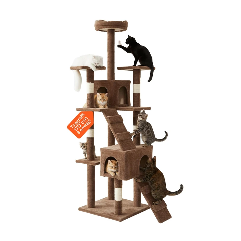 Wintem Scratching Post 170 cm with Cat Bed for Cats Tree Playground Game Scratches for Cat (Brown)