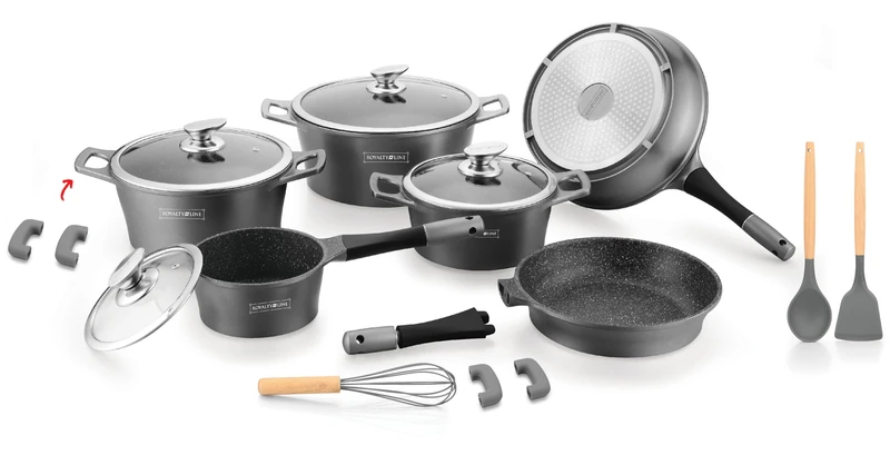 ROYALTY LINE, 17-piece set, die-cast aluminum cookware set, marbled coating, with silicone handles, 24-28 cm, gray - Image 1