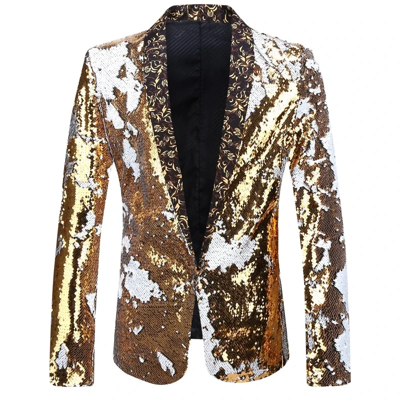 PYJTRL Men Stylish Two Color Conversion Shiny Sequins Blazer Suit Jacket (Gold + White, S)