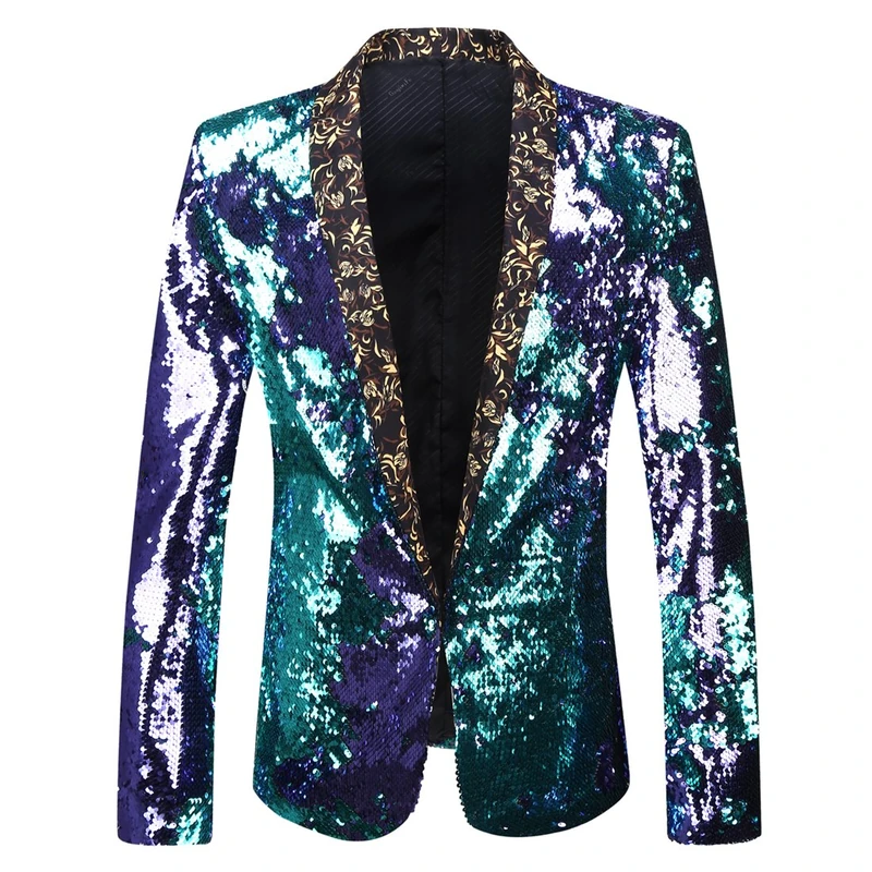 PYJTRL Men Stylish Two Color Conversion Shiny Sequins Blazer Suit Jacket (Blue + Purple, XXL)