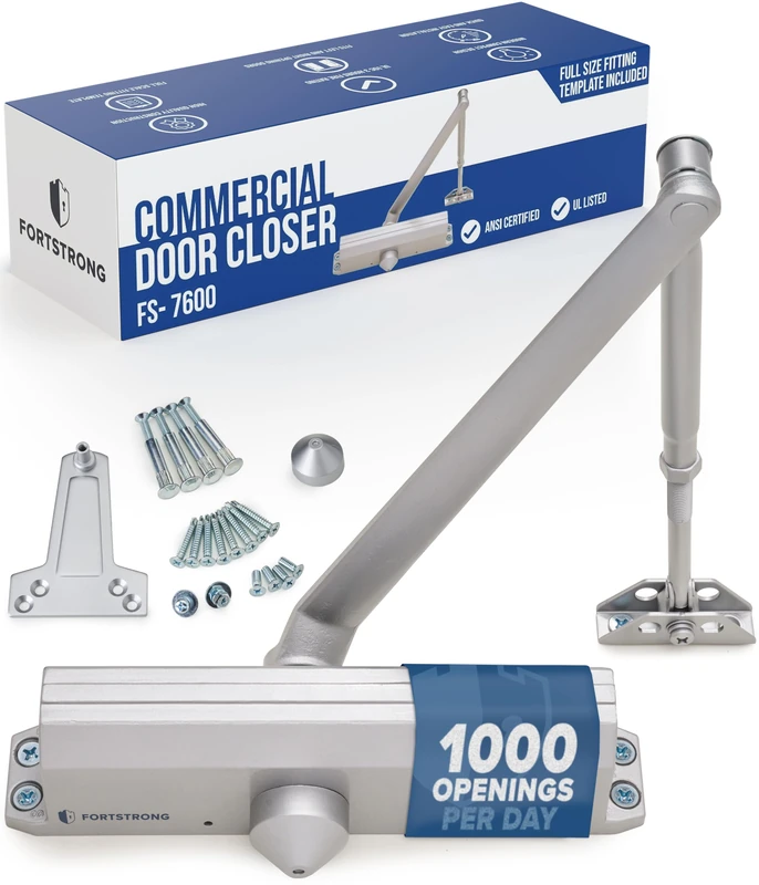Commercial Door Closer FS-7600 - Adjustable Grade 1 Commercial Standard Automatic Door Closing Mechanism – ADA Compliant - Aluminium Finish – Medium Traffic Areas -Fitting Instructions UL Listed - Image 1