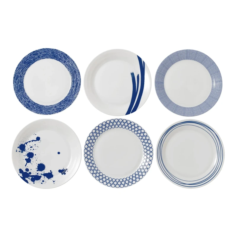Royal Doulton 40034435-Large Set of 6, Pacific Blue Collection Tableware Perfect for Breakfast, Lunch and Dinner-Blue & White Plates, 29cm, Porcelain