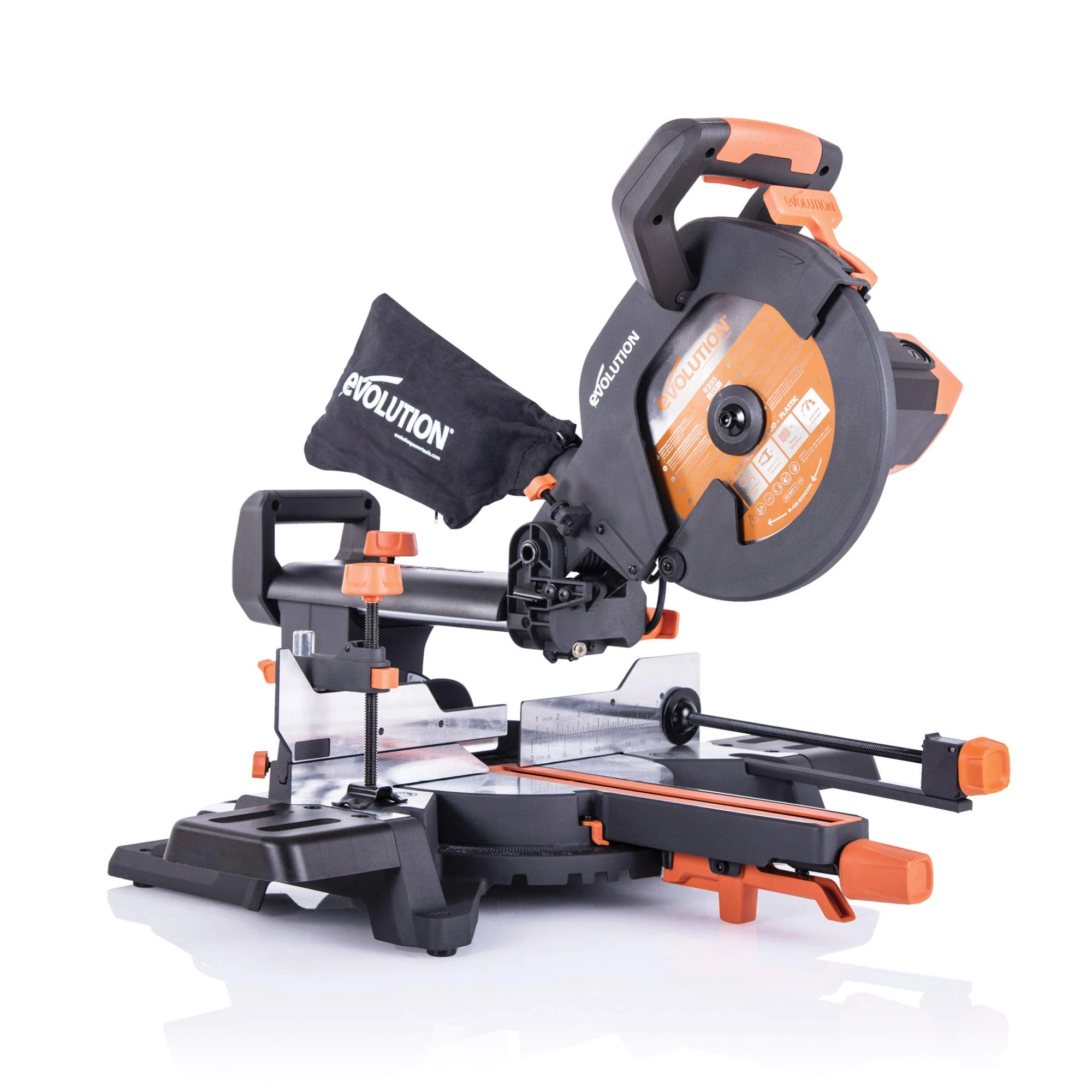Evolution Power Tools R255SMS+ Sliding Mitre Saw, Includes Multi-Material Cutting TCT Blade, Cuts Wood Metal Plastic, 45˚ Bevel, 50˚ Mitre, 300mm Slide, 1600 W, 255mm (110v Plug - Not For Home Use)