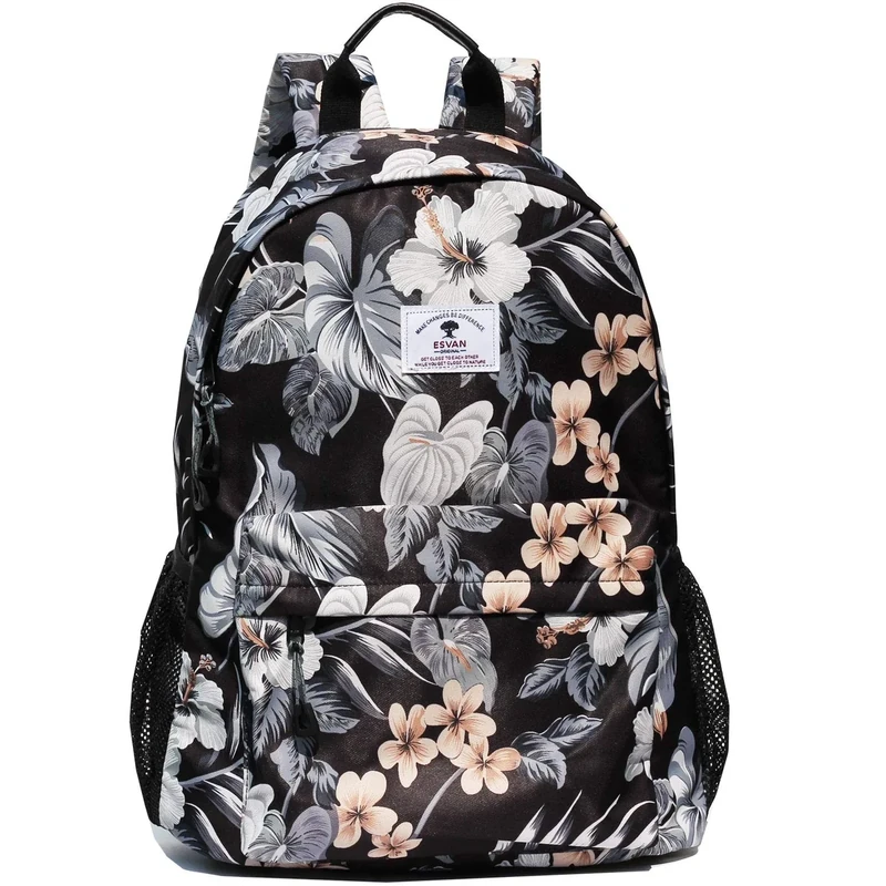 Forever cultivate Original Floral Leaf Travel Backpack,Waterproof Gym Backpack Suitable for Travel, Gym, School, Shopping, Yoga, Hiking, Beach (Black&Gray Flower)