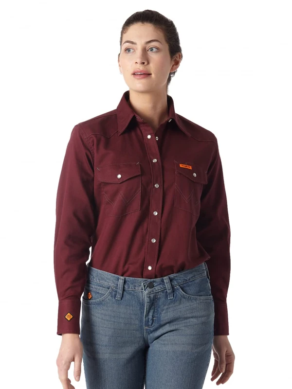 Wrangler Women's Western Long Sleeve Sateen Snap Work Shirt, Burgundy, S - Image 1