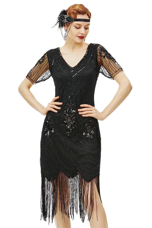 ArtiDeco 1920s Flapper Fringed Sequin Dress Roaring 20s Fancy Dress Gatsby Costume Dress V Neck Vintage Beaded Evening Dress, L /UK 16/EU 44, Black