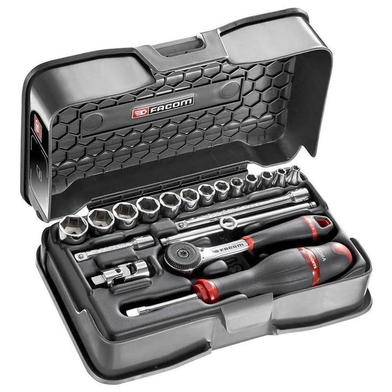 FACOM - 1/4 Inch Metric 6-Point Socket Set - R.161-3P6-19 Pieces with 1 Ratchet, 13 Sockets, 2 Extensions, 1 Gimbal, 1 Sliding Handle, 1 Screwdriver Handle - Box and Tray Included