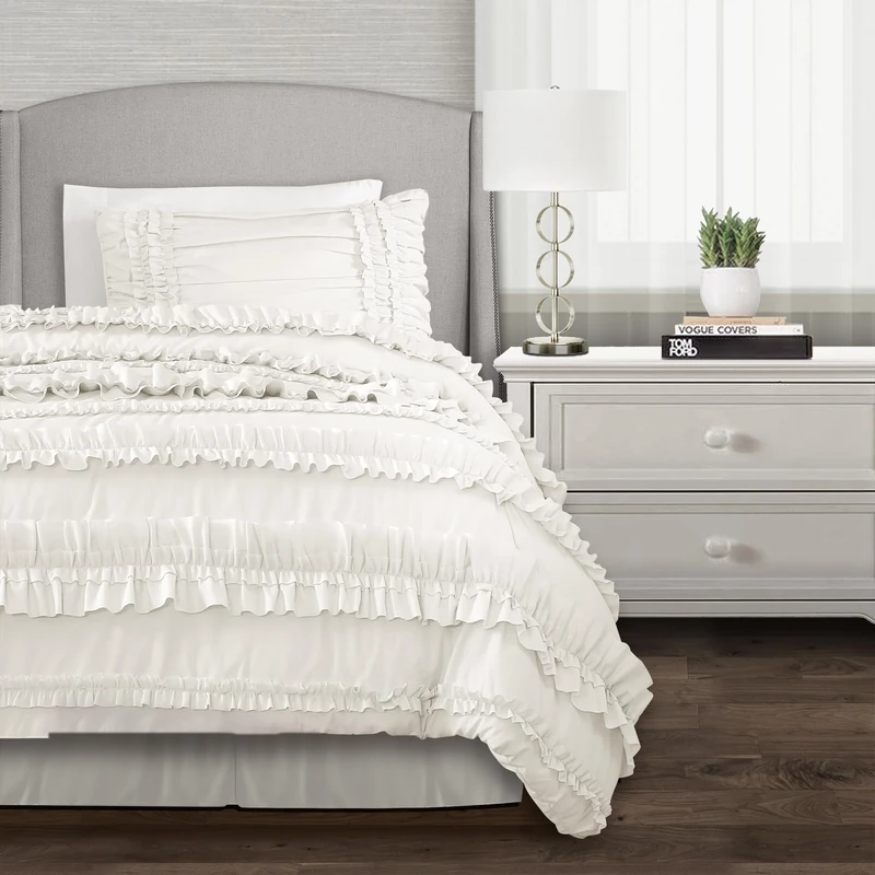 Lush Decor 3 Piece Ruffled Vintage Chic White Comforter Set with Bed Skirt and Pillow Sham, Polyester, twin xl