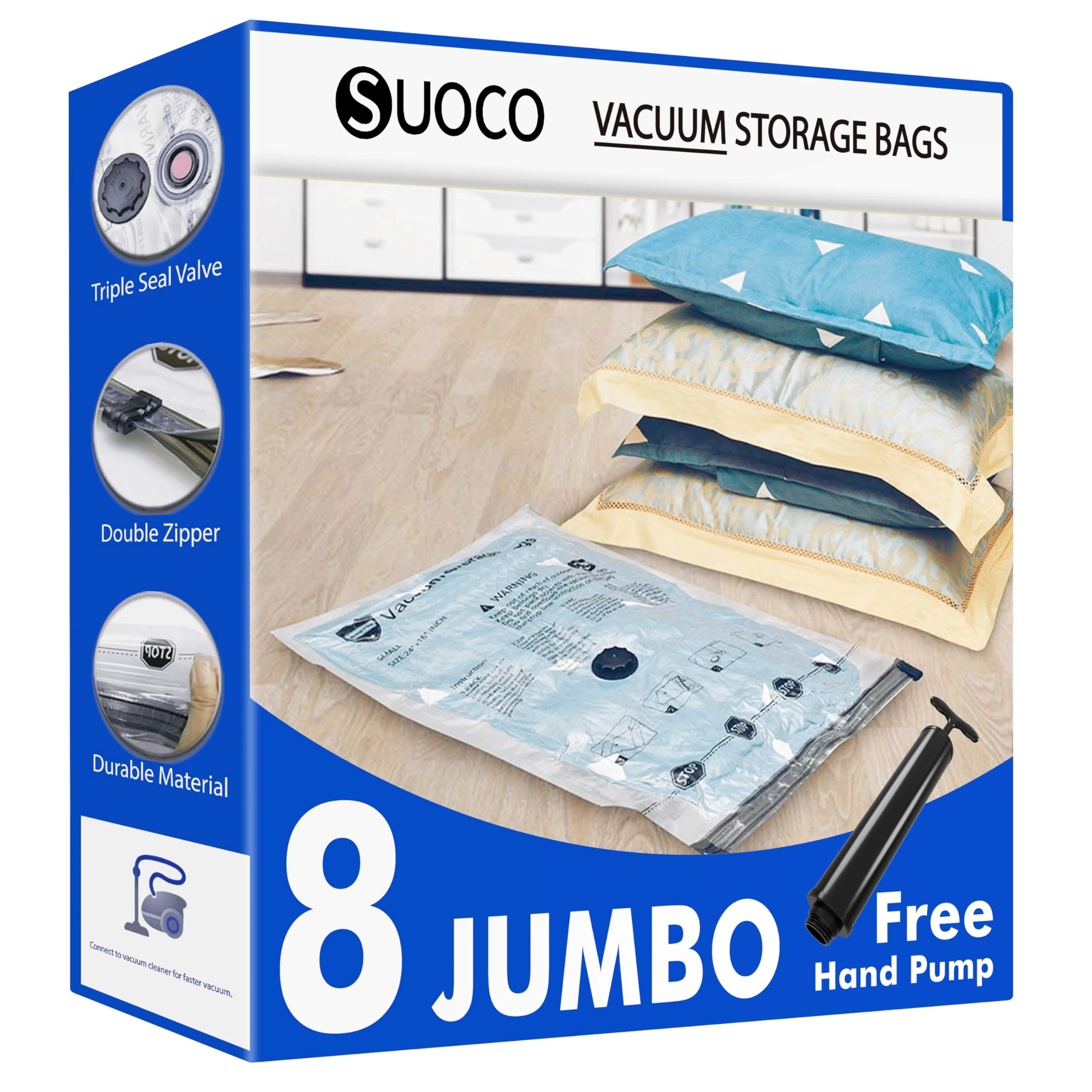 Vacuum Storage Bags 8 Jumbo, Space Saver Bags with Travel Hand Pump, Compression Airtight Sealer Bags for Clothes, Bedding, Pillows, Comforters, Blankets