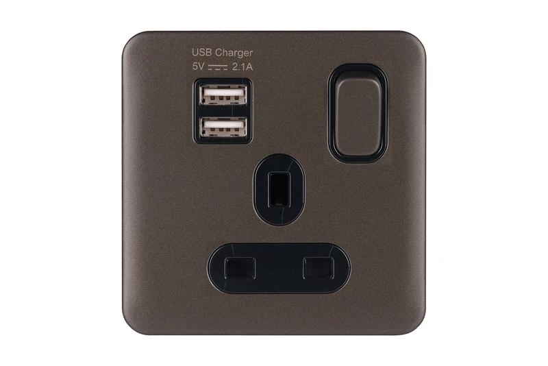 Schneider Electric Lisse Screwless Deco - Switched Single Power Socket, 13A, Single Pole, with 2 USB Charging Ports, 2.1A shared, GGBL30102USBABMBS, Mocha Bronze with Black Insert