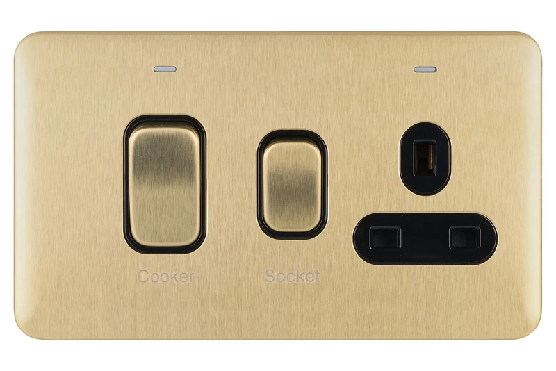 Schneider Electric Lisse Screwless Deco - Single Cooker Control Unit with Socket, Double Pole with Neon Indicator, 45 A, GGBL4001BSB, Satin Brass with Black Insert
