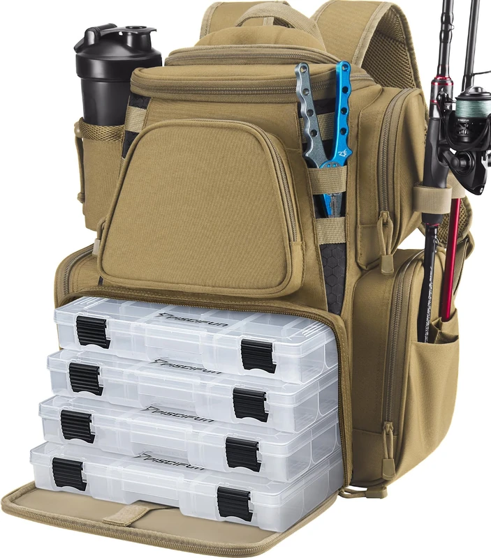 Piscifun Fishing Tackle Backpack with 4 Tackle Boxes Large Capacity Waterproof Fishing Tackle Bag with 4 Trays and Protective Rain Cover Khaki