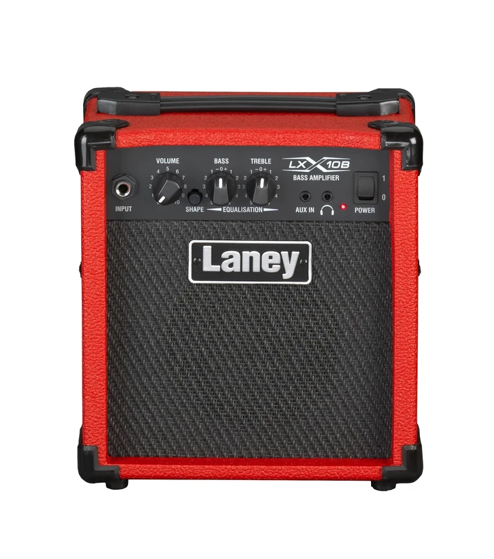 Laney LX10B Bass Guitar Amp -10 Watt, 2 EQ combo portable practise guitar amplifier perfect for beginners. Headphone out for silent practise and Aux in to jam along - Red