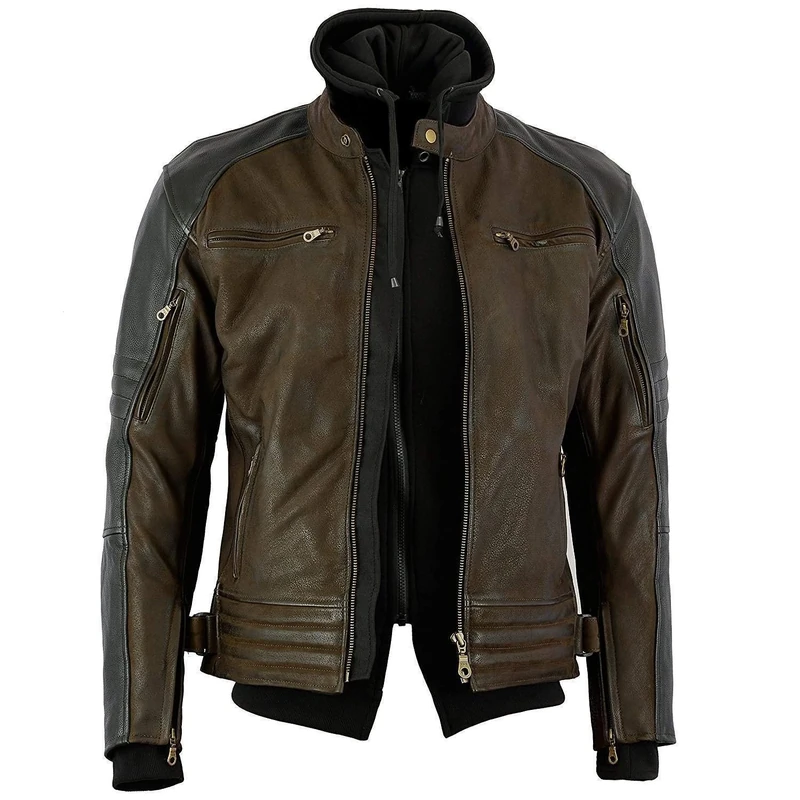 Bikers Gear Australia Unisex Lj1110l The Craig Motorcycle Jacket Nubuck Waxed Cowhide Leather Hoodie with 5 Point Armour Brown Blac, Brown and Black, L