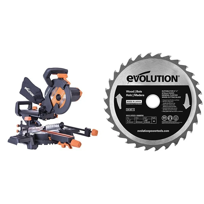 Evolution R210SMS+ Multi-Material Sliding Mitre Saw with Plus Pack, 230 V, 210 mm and Wood Carbide-Tipped Blade, 210 mm