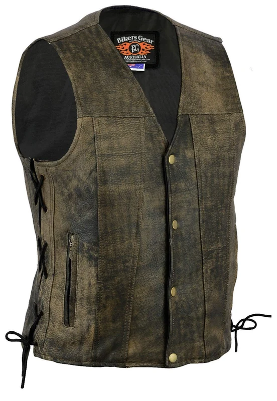 Bikers Gear Australia Premium 1.3mm Soft Cowhide Harley Style Leather Vest with Adjustable Lace Sides and Pockets, Distressed Brown, Size M