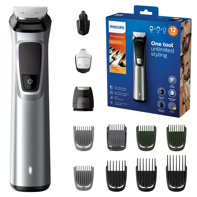 Philips Series 7000 12-in-1 All-In-One Trimmer, Ultimate Grooming Kit for Beard, Hair & Body with 12 Attachments, Including Nose Trimmer, Premium Metal Handle, UK 3-Pin Plug - MG7735/33