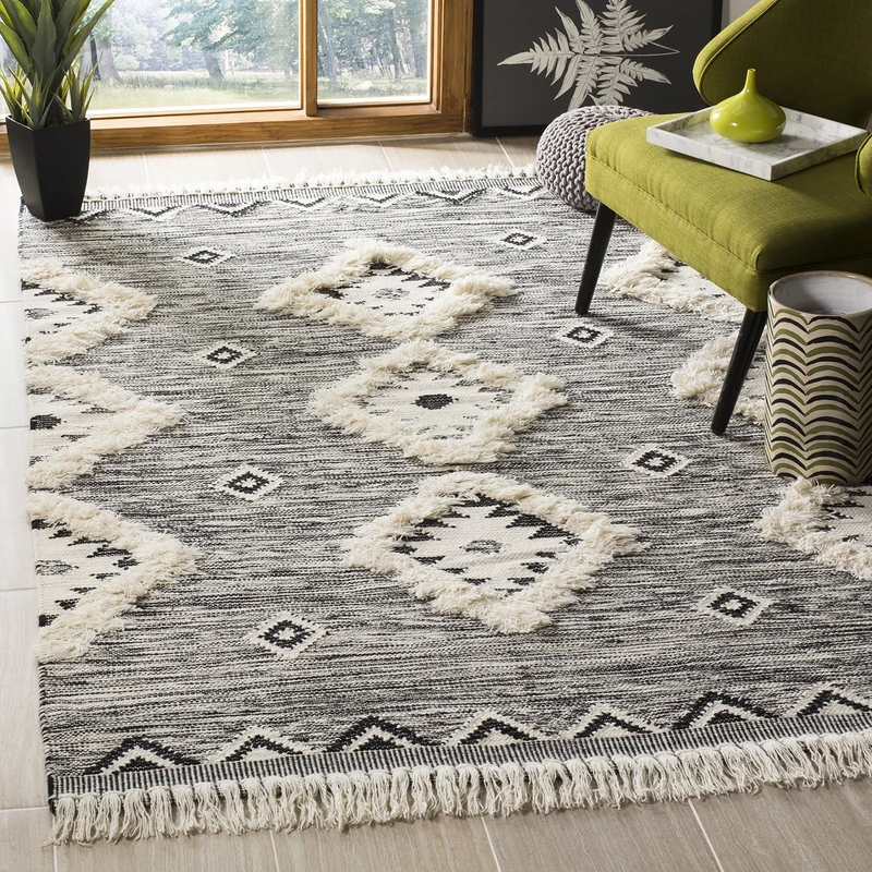 Safavieh Moroccan Inspired Indoor Hand Knotted Rectangle Area Rug, Kenya Collection, KNY906, in Black / Ivory, 152 X 244 cm for Living Room, Bedroom or Any Indoor Space