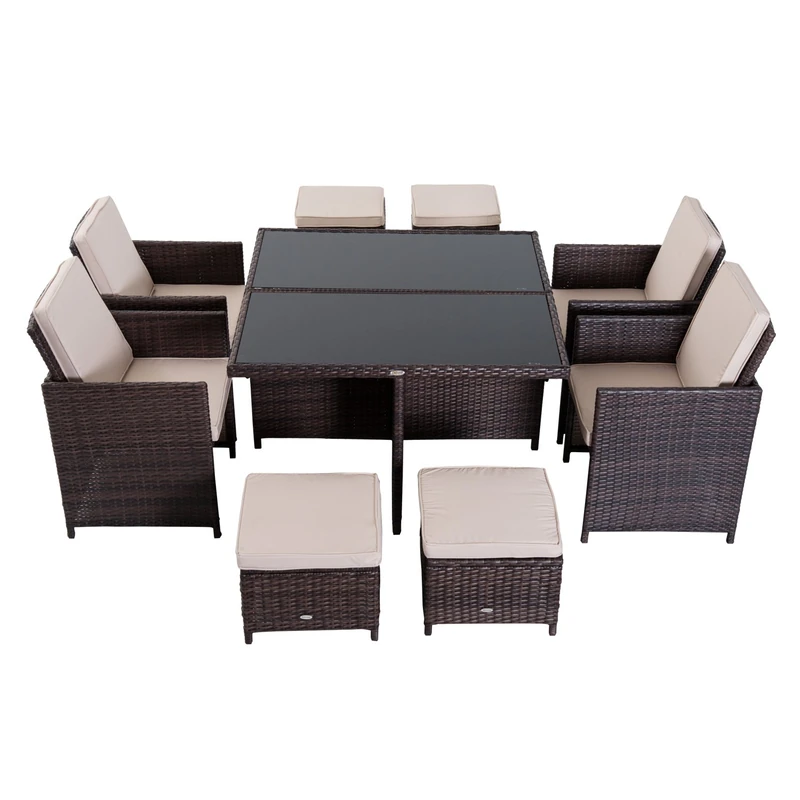 Outsunny 9PC Wicker Furniture Outdoor Rattan Dining Set Easy Storage Garden Table Chairs with Foot Stool Thick Cushion - Brown