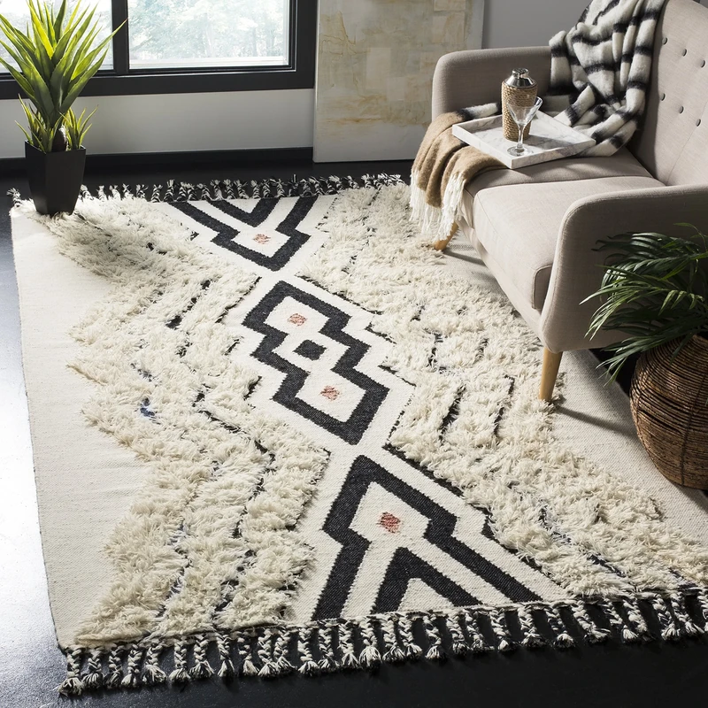 Safavieh Moroccan Inspired Indoor Hand Knotted Rectangle Area Rug, Kenya Collection, KNY905, in Ivory / Black Blue, 152 X 244 cm for Living Room, Bedroom or Any Indoor Space