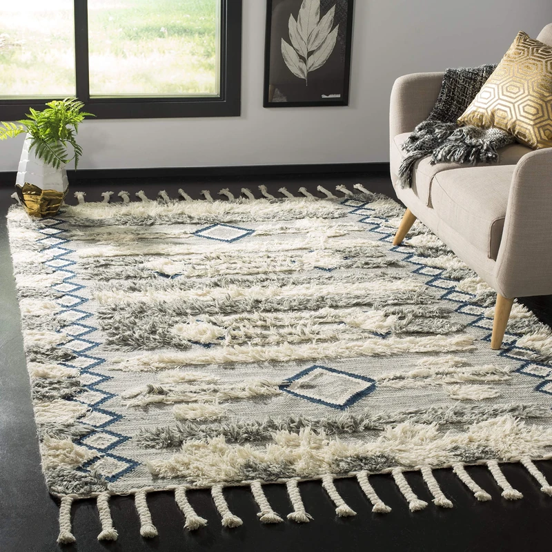 Safavieh Moroccan Inspired Indoor Hand Knotted Rectangle Area Rug, Kenya Collection, KNY909, in Grey / Ivory, 152 X 244 cm for Living Room, Bedroom or Any Indoor Space