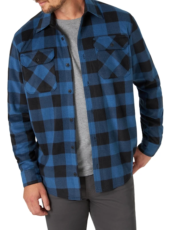 Wrangler Authentics Men's Long Sleeve Heavyweight Fleece Shirt Button, Blue Buffalo Plaid, XL Tall
